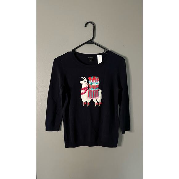 Talbots embellished Pom Pom lama sweater women’s size SP Navy - Picture 2 of 6